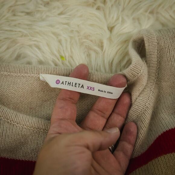 Athleta Size XXS 100% Cashmere Lodge Red Cream Ivory Stripe Crew Sweater - Picture 3 of 7